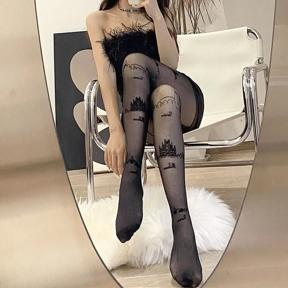 🏙️ Travel Cities Tattoo Printed Tights Black Sheer Nylon Pantyhose Hosiery NEW